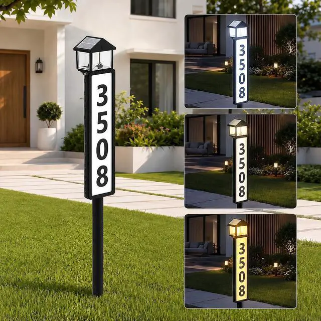 Main image of Solar Address Sign for Outside, Lantern-Style Solar Powered House Number Sign with Stake, 3 Lighting Modes, LED Illuminated Address Plaque Waterproof for Yard Lawn Garden
