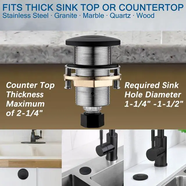 Alt view image 4 of 7 - All Metal Garbage Disposal Air Switch Kit, UL Listed Matte Black Long Push Button for Waste Disposer, Cordless Sink Top Switch On/Off Button, Compatible with all Garbage Disposals