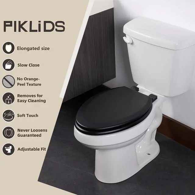Alt view image 2 of 7 - Toilet Seat, Slow Close, Soft Touch, Ultra-Smooth Matte Finish (No Orange-Peel Texture), Premium Moulded Wood, Quick Release, (Black, Elongated)