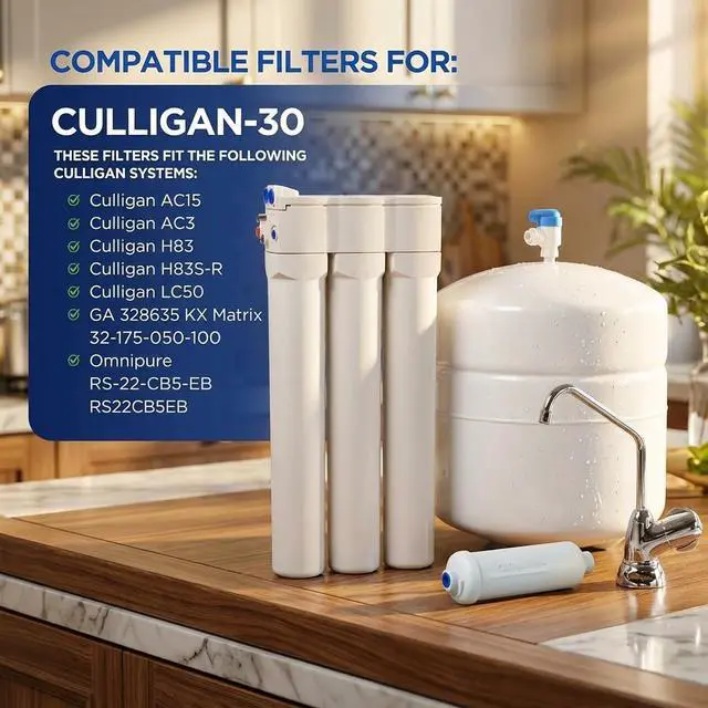 Alt view image 6 of 7 - Replacement Filter Set for Culligan AquaCleer AC-30 RO System 4-Pack Cartridges & Membrane (Filters Only, No Housings)