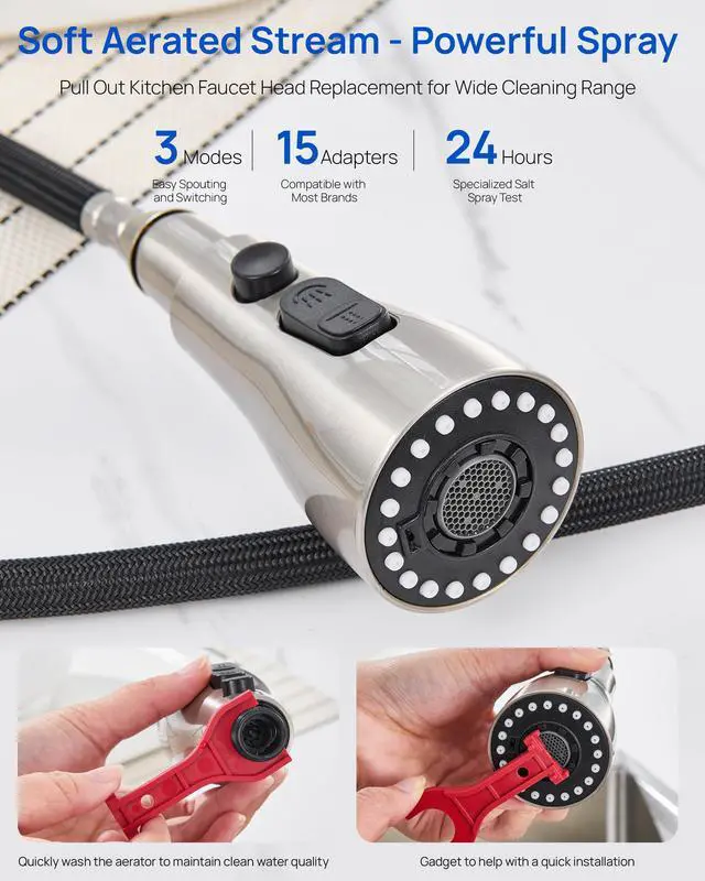 Alt view image 6 of 7 - Pull Down Kitchen Faucet Sprayer Head Replacement Part,Brushed Nickel | with 15 Adapters, 3 Function Pull Out Sink Sprayer Replacement Nozzle, Kitchen Faucet Head Hose Spray Tap Spout