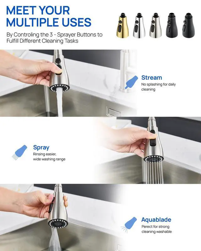Alt view image 2 of 7 - Pull Down Kitchen Faucet Sprayer Head Replacement Part,Brushed Nickel | with 15 Adapters, 3 Function Pull Out Sink Sprayer Replacement Nozzle, Kitchen Faucet Head Hose Spray Tap Spout