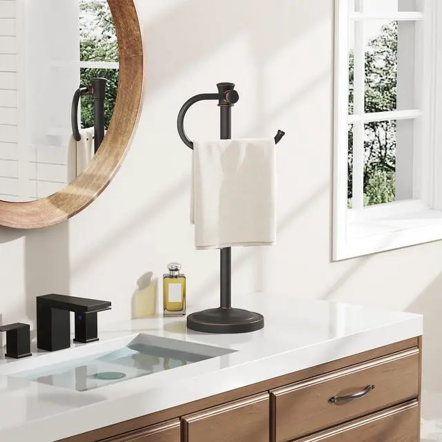 Alt view image 3 of 7 - Stand Hand Towel Holder, Countertop Towel Bar, Oil Rubbed Bronze | 17 Inch Bathroom Towel Hanger, Freestanding Vanity Counter Top Towel Holder, Towel Ring Hardware Accessories, Stainless Steel
