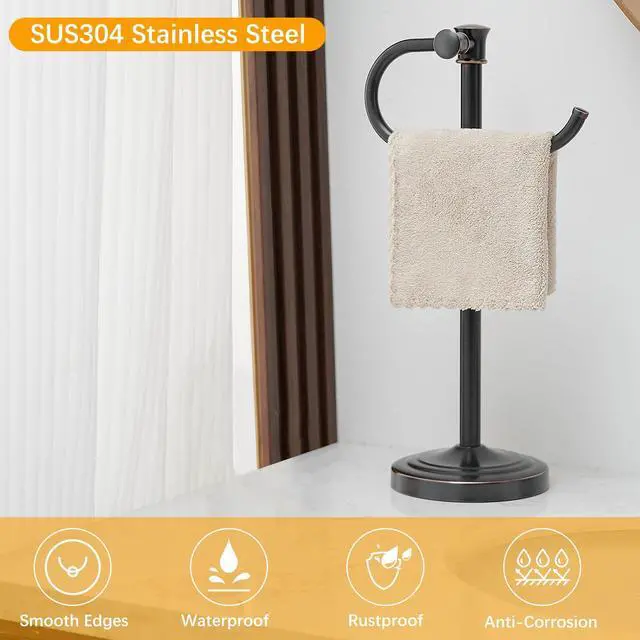 Alt view image 6 of 7 - Stand Hand Towel Holder, Countertop Towel Bar, Oil Rubbed Bronze | 17 Inch Bathroom Towel Hanger, Freestanding Vanity Counter Top Towel Holder, Towel Ring Hardware Accessories, Stainless Steel