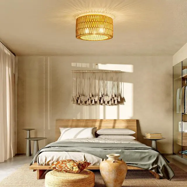 Alt view image 7 of 7 - Rattan Ceiling Light Fixture, 3 Light Bohemian Modern Woven Ceiling Light, Boho Flush Mount Ceiling Light for Bedroom Living Room Dining Room, Bulb NOT Included
