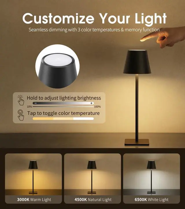 Alt view image 3 of 7 - 3 Pack Cordless Table Lamp, Battery Operated Lamp - Portable Waterproof Rechargeable Table Lamp w/ 3 Color Temps & Stepless Dimming for Dinner, Desk, Cafe, Outdoor (Black)