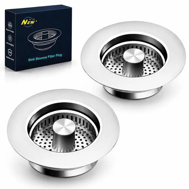 Main image of 2 Pack Kitchen Sink Drain Strainer & Stopper with Basket, Stainless Steel Drain Plug Cover Catcher for Food Waste - Sink Accessories for Home or Kitchen Sink Shroom Fit US Standard 3-1/2'' Drain Hole
