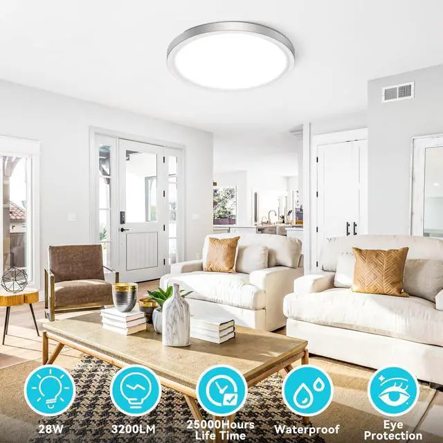 Alt view image 2 of 7 - 12 inch Flush Mount LED Ceiling Light Fixture, 3000K 4000K 6500K Adjustable, 28W 3200lm Brushed Nickel Satin Round Ceiling Lamp for Bathroom Hallway Kitchen Bedroom, 2 Pack