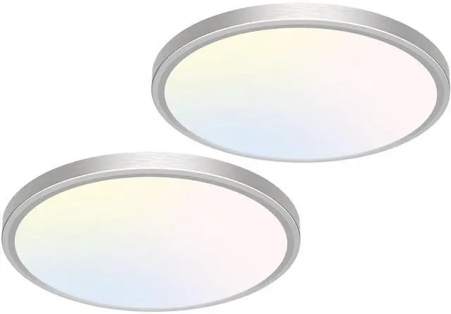 Main image of 12 inch Flush Mount LED Ceiling Light Fixture, 3000K 4000K 6500K Adjustable, 28W 3200lm Brushed Nickel Satin Round Ceiling Lamp for Bathroom Hallway Kitchen Bedroom, 2 Pack