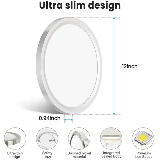 Alt view image 5 of 7 - 12 inch Flush Mount LED Ceiling Light Fixture, 3000K 4000K 6500K Adjustable, 28W 3200lm Brushed Nickel Satin Round Ceiling Lamp for Bathroom Hallway Kitchen Bedroom, 2 Pack