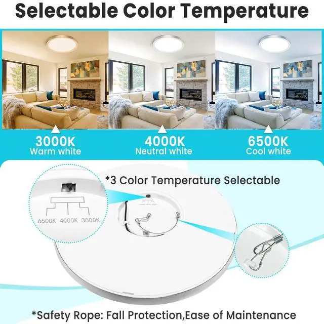 Alt view image 3 of 7 - 12 inch Flush Mount LED Ceiling Light Fixture, 3000K 4000K 6500K Adjustable, 28W 3200lm Brushed Nickel Satin Round Ceiling Lamp for Bathroom Hallway Kitchen Bedroom, 2 Pack