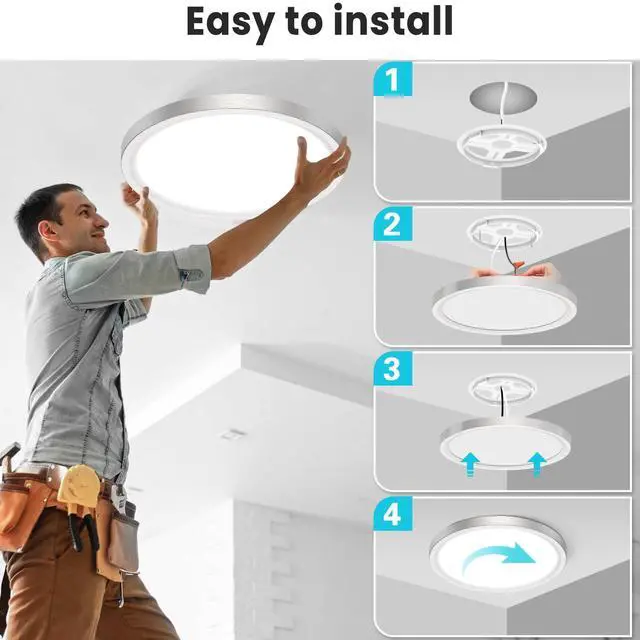 Alt view image 7 of 7 - 12 inch Flush Mount LED Ceiling Light Fixture, 3000K 4000K 6500K Adjustable, 28W 3200lm Brushed Nickel Satin Round Ceiling Lamp for Bathroom Hallway Kitchen Bedroom, 2 Pack