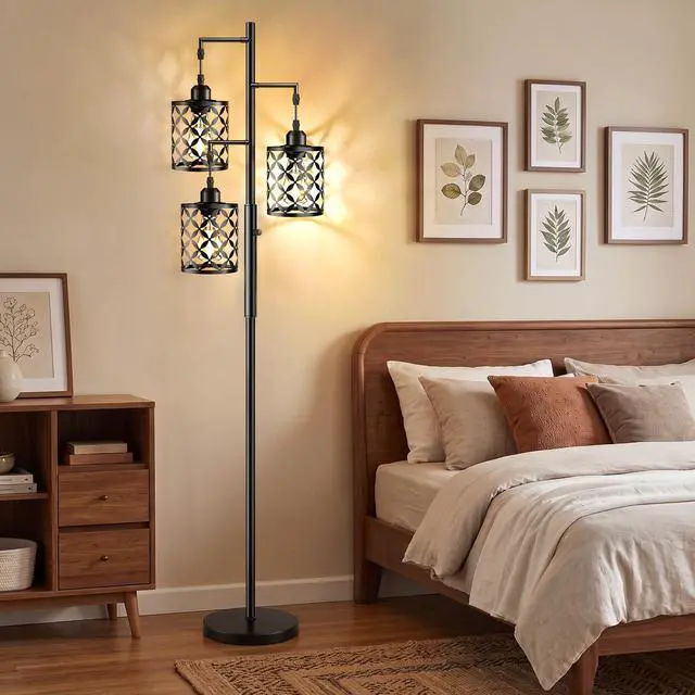 Alt view image 2 of 7 - Dimmable Floor Lamp, Farmhouse Standing Lamp with Elegant Metal Cage, Industrial Tall Tree Floor Lamps for Living Room Bedroom Study Room Office, 3 x 800LM LED Bulbs Included - 68", Black