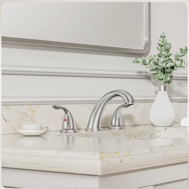 Alt view image 2 of 7 - 8 Inch 2 Handles 3 Holes Deck Mount Brushed Nickel Widespread Bathroom Faucet, with Stainless Steel Pop Up Drain, WF008-5-BN