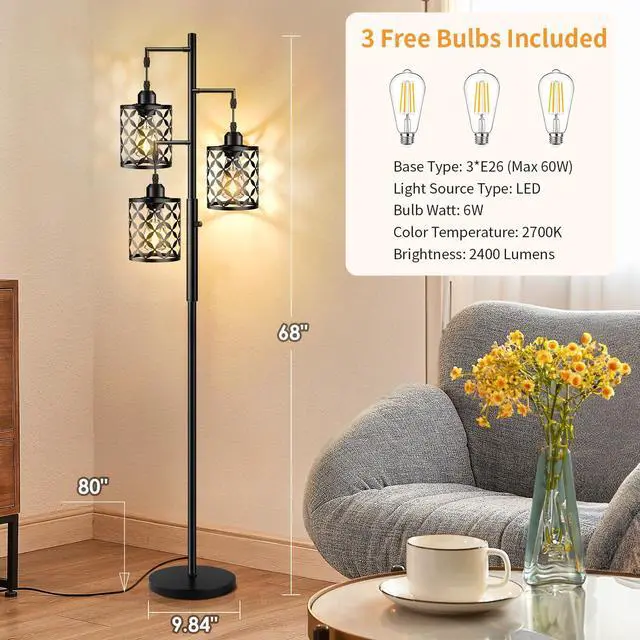 Alt view image 5 of 7 - Dimmable Floor Lamp, Farmhouse Standing Lamp with Elegant Metal Cage, Industrial Tall Tree Floor Lamps for Living Room Bedroom Study Room Office, 3 x 800LM LED Bulbs Included - 68", Black
