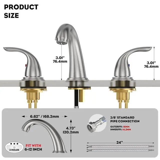 Alt view image 3 of 7 - 8 Inch 2 Handles 3 Holes Deck Mount Brushed Nickel Widespread Bathroom Faucet, with Stainless Steel Pop Up Drain, WF008-5-BN