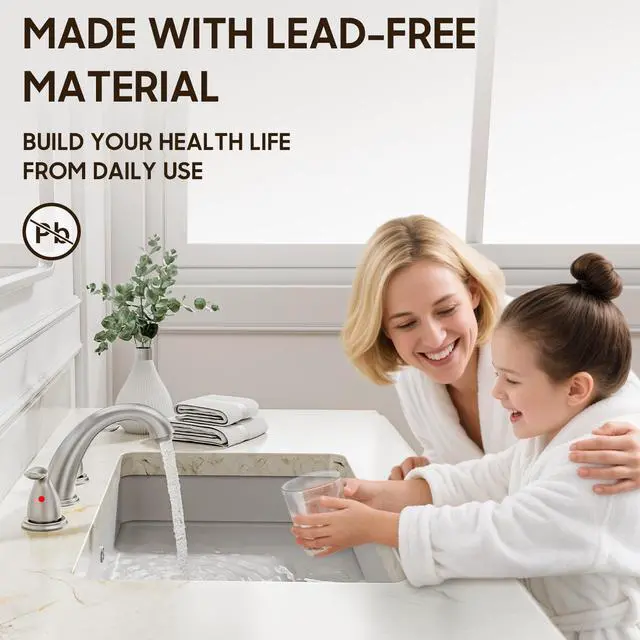 Alt view image 5 of 7 - 8 Inch 2 Handles 3 Holes Deck Mount Brushed Nickel Widespread Bathroom Faucet, with Stainless Steel Pop Up Drain, WF008-5-BN