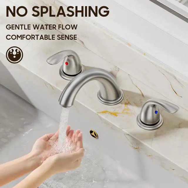 Alt view image 6 of 7 - 8 Inch 2 Handles 3 Holes Deck Mount Brushed Nickel Widespread Bathroom Faucet, with Stainless Steel Pop Up Drain, WF008-5-BN