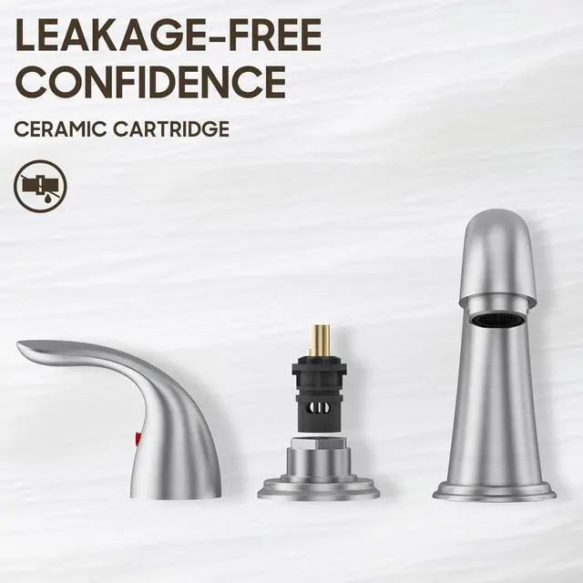 Alt view image 7 of 7 - 8 Inch 2 Handles 3 Holes Deck Mount Brushed Nickel Widespread Bathroom Faucet, with Stainless Steel Pop Up Drain, WF008-5-BN