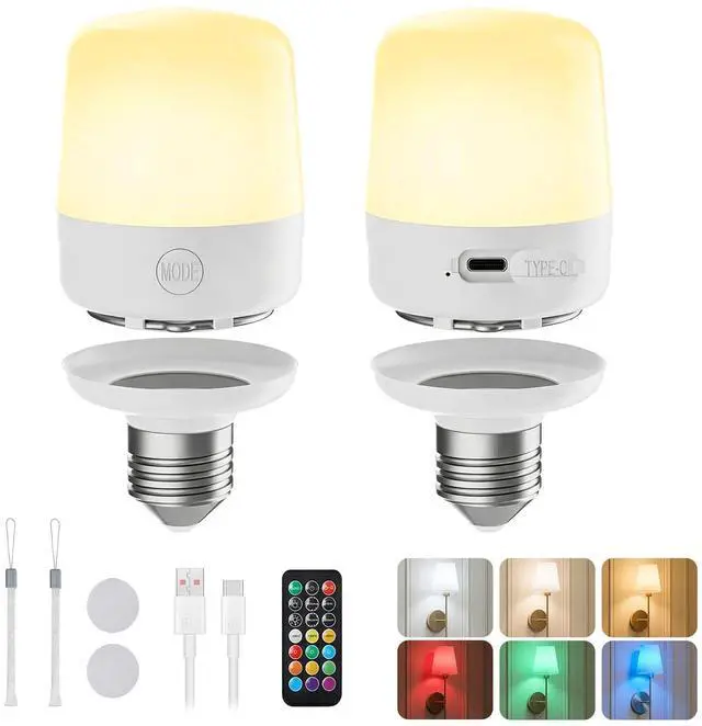 Main image of E26 Rechargeable Light Bulbs with Remote and Timer, 2 Pack | Battery light Bulb with 12 Colors, Brightness Dimmable, 2300mAh 40W Equivalent LED Bulbs for Lamps Sconces Camping Emergency