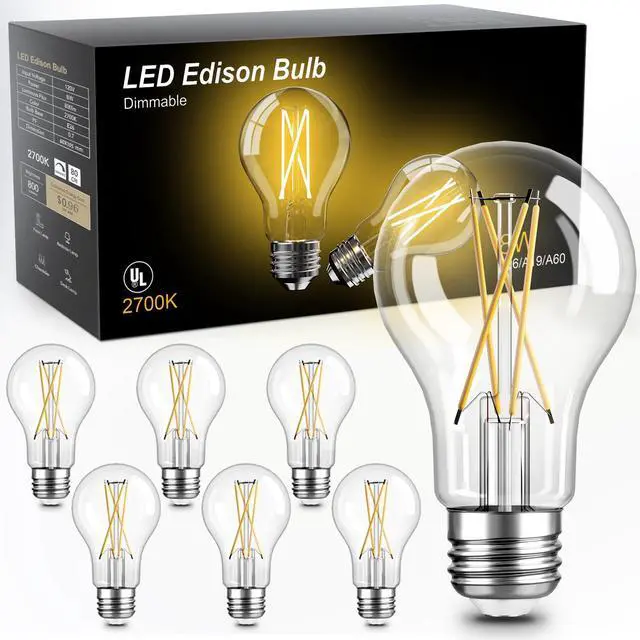 Main image of A19 Vintage Dimmable LED Light Bulbs, E26 Base 60W Equivalent, 6 Pack | 2700K Warm White, 8W, 800 Lumens High Brightness, CRI 80+, Clear Glass Edison Filament, for Home, Farmhouse