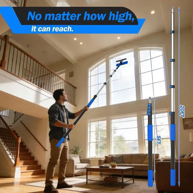 Alt view image 3 of 7 - 26FT Reach Telescopic Extension Pole, 5-20FT Paint Roller Extension Pole with Flip-Lock Design, Aluminum Alloy Threaded Head for Painting Cleaning Dusting & Window Washing Tools