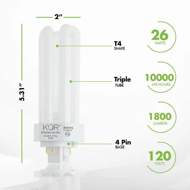 Alt view image 2 of 7 - 26W Triple Tube Compact Fluorescent Light Bulb, 4 Pack | GX24Q-3 4-Pin Plug-In Base, 4100K Cool White, T4, K20788, PL26W/3U/4P/841