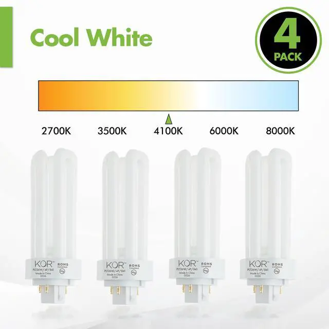 Alt view image 3 of 7 - 26W Triple Tube Compact Fluorescent Light Bulb, 4 Pack | GX24Q-3 4-Pin Plug-In Base, 4100K Cool White, T4, K20788, PL26W/3U/4P/841