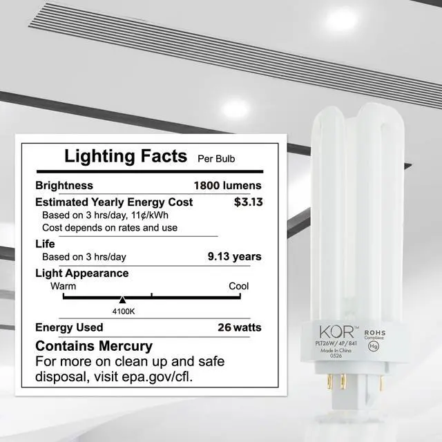 Alt view image 6 of 7 - 26W Triple Tube Compact Fluorescent Light Bulb, 4 Pack | GX24Q-3 4-Pin Plug-In Base, 4100K Cool White, T4, K20788, PL26W/3U/4P/841