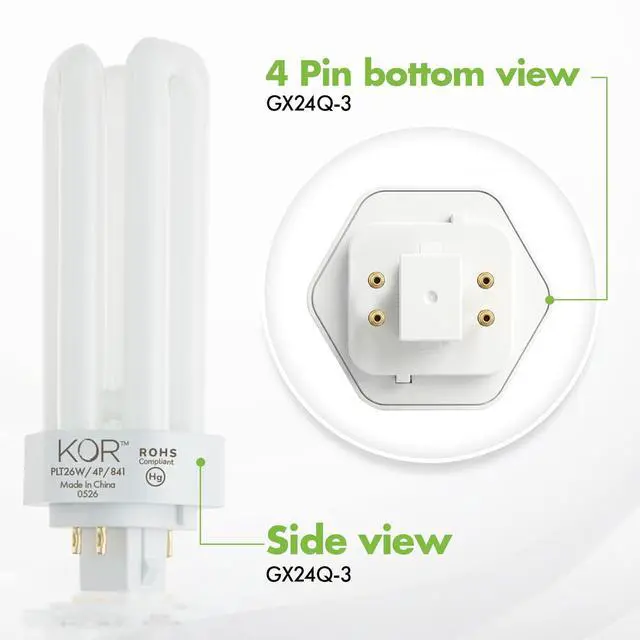Alt view image 7 of 7 - 26W Triple Tube Compact Fluorescent Light Bulb, 4 Pack | GX24Q-3 4-Pin Plug-In Base, 4100K Cool White, T4, K20788, PL26W/3U/4P/841