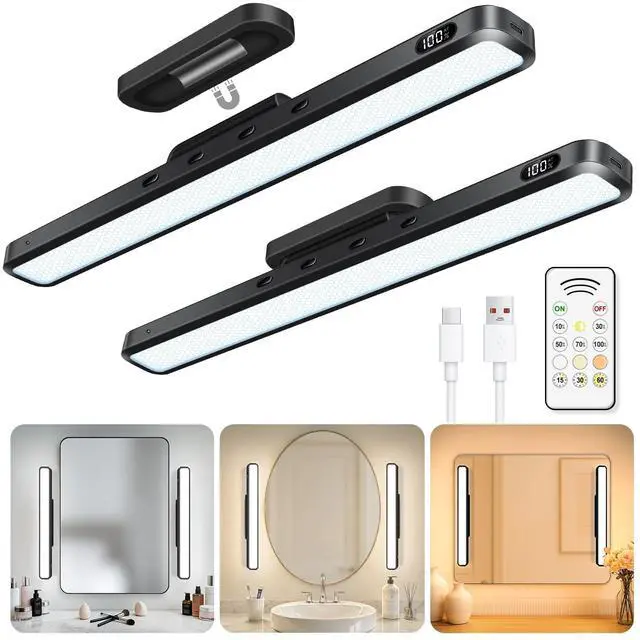 Main image of 3W Mirror Lights with Remote Control,Eye-Friendly Magnetic Light Bar with Battery Level Display,Adjustable Color Temperatures Vanity Lights for Mirror,Makeup Lighting for Bathroom(2 Pack)