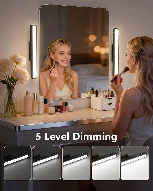 Alt view image 3 of 7 - 3W Mirror Lights with Remote Control,Eye-Friendly Magnetic Light Bar with Battery Level Display,Adjustable Color Temperatures Vanity Lights for Mirror,Makeup Lighting for Bathroom(2 Pack)
