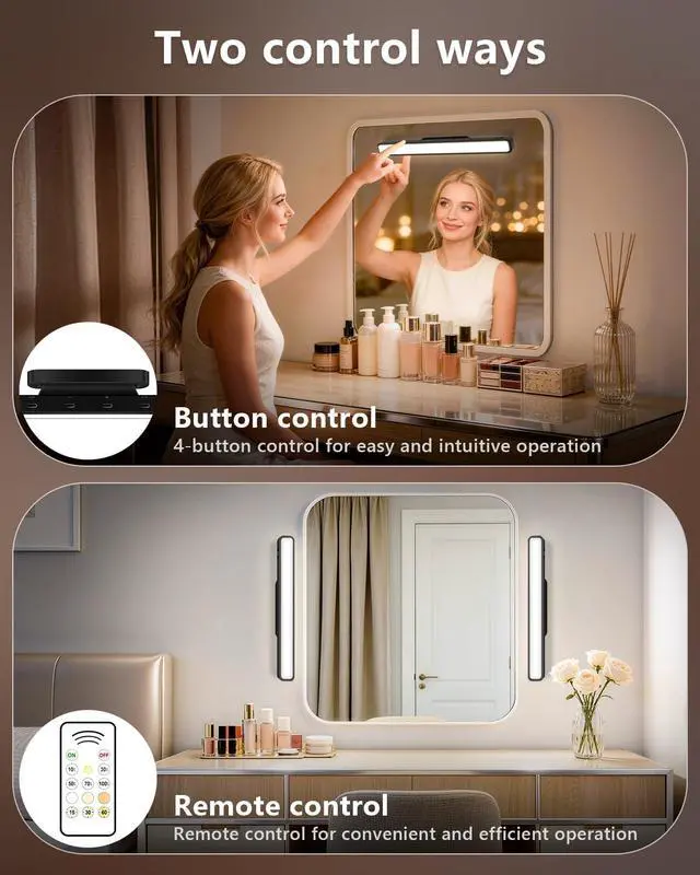 Alt view image 5 of 7 - 3W Mirror Lights with Remote Control,Eye-Friendly Magnetic Light Bar with Battery Level Display,Adjustable Color Temperatures Vanity Lights for Mirror,Makeup Lighting for Bathroom(2 Pack)