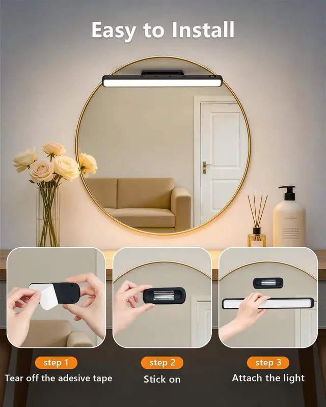 Alt view image 6 of 7 - 3W Mirror Lights with Remote Control,Eye-Friendly Magnetic Light Bar with Battery Level Display,Adjustable Color Temperatures Vanity Lights for Mirror,Makeup Lighting for Bathroom(2 Pack)
