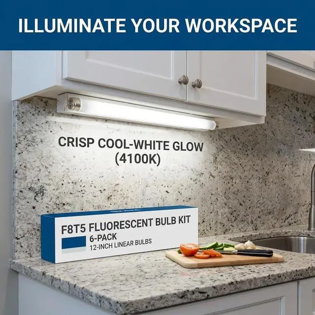 Alt view image 2 of 7 - F8T5 Fluorescent Light Bulbs - 12 inches Under Cabinet Bulb - Cool White 4100k 8 Watt Tube Bulb - Pack of 6