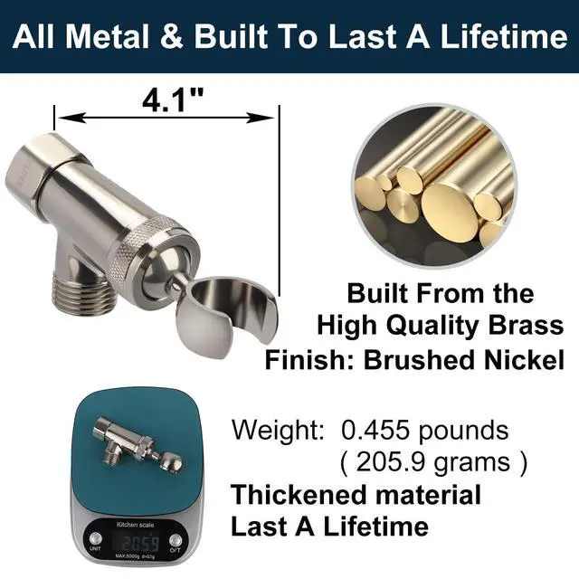 Alt view image 2 of 7 - All Metal Shower Head with Handheld - 72" Long Hose, High Pressure Sprayer | Hand HeId Showerhead Spray, Solid Outdoor Showerheads and Brass Holder, Brushed Nickel