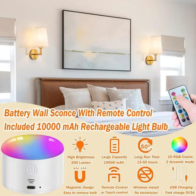 Alt view image 2 of 6 - Wall Sconce Battery Operated Wall Light Fixure with Remote Control, Dimmable Battery Operated Wall Sconces Set Of Two, Indoor Wireless Wall Mounted Lamp with Rechargable Bulb For Bedroom Living Room (