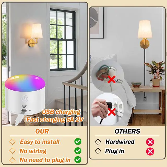 Alt view image 6 of 6 - Wall Sconce Battery Operated Wall Light Fixure with Remote Control, Dimmable Battery Operated Wall Sconces Set Of Two, Indoor Wireless Wall Mounted Lamp with Rechargable Bulb For Bedroom Living Room (