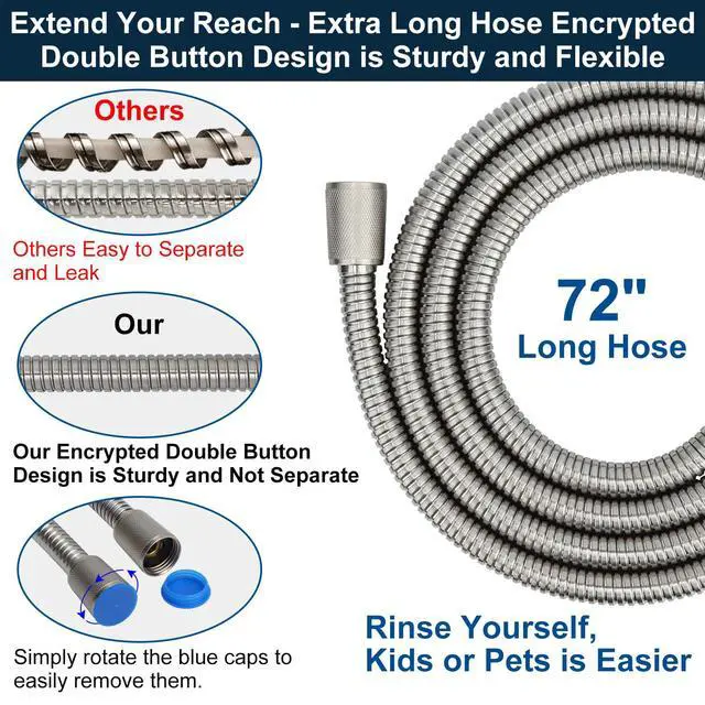 Alt view image 4 of 7 - All Metal Shower Head with Handheld - 72" Long Hose, High Pressure Sprayer | Hand HeId Showerhead Spray, Solid Outdoor Showerheads and Brass Holder, Brushed Nickel