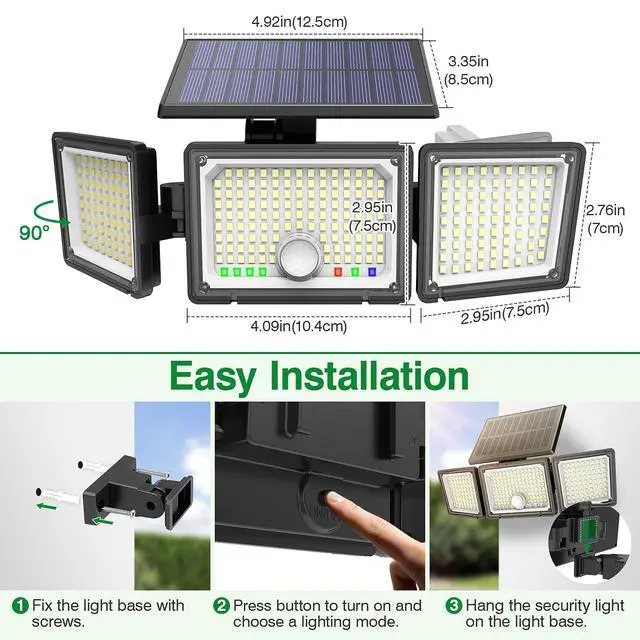 Alt view image 6 of 7 - Solar Outdoor Lights Motion Sensor, 2500LM 286 LED Security Flood Lights with Visual Battery & Mode Display, 3 Lighting Modes, IP65 Waterproof 3-Head Wide Angle for Garage, Yard, Patio (2 Pack)