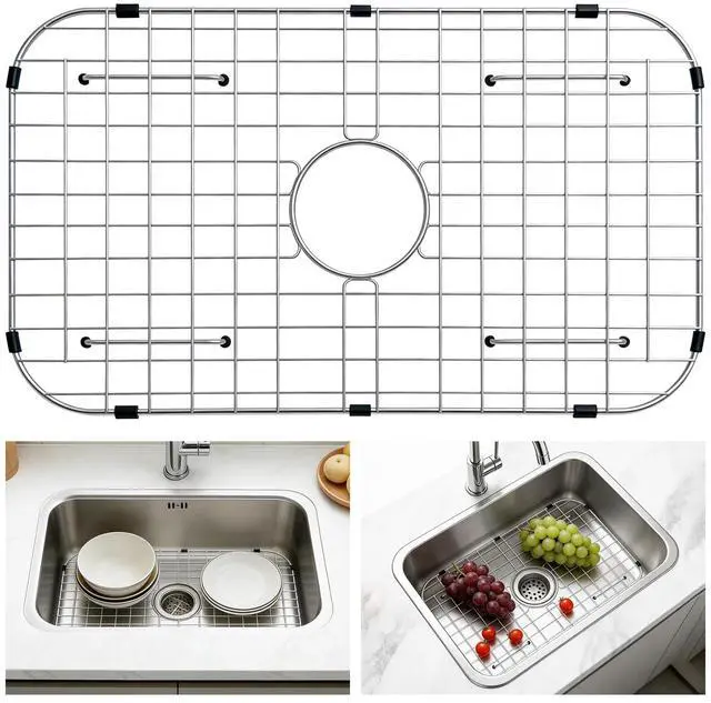 Main image of Sink Protectors for Kitchen Sink Bottom, 26" x 14"Stainless Steel Sink Protector with Center Drain Hole, Sink Rack with Extra Replacement White Rubber Feet