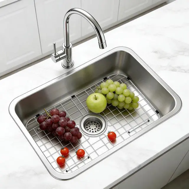 Alt view image 5 of 7 - Sink Protectors for Kitchen Sink Bottom, 26" x 14"Stainless Steel Sink Protector with Center Drain Hole, Sink Rack with Extra Replacement White Rubber Feet