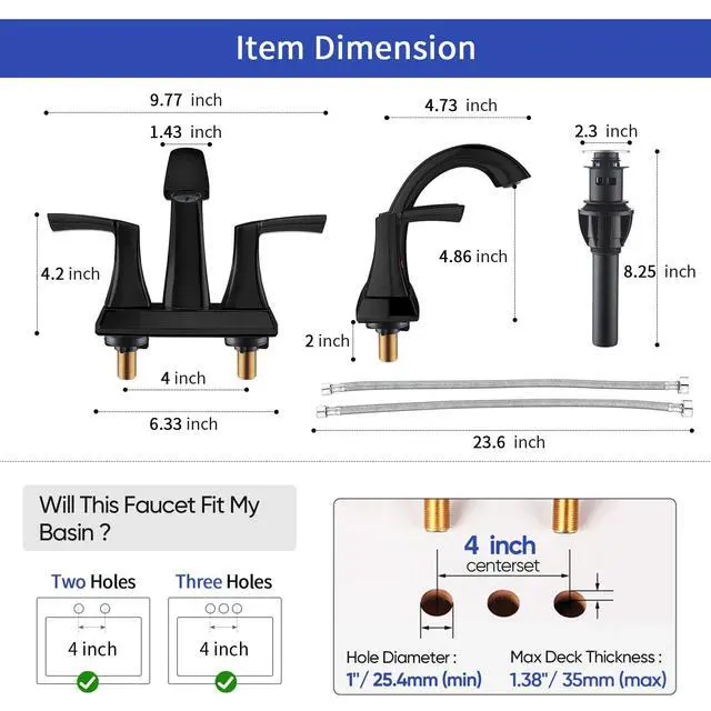 Alt view image 4 of 7 - Bathroom Faucet Matte Black, 2 Handles Low Arc Bathroom Sink Faucets, 4 Inch Centerset Bath Lavatory Faucets with Pop-up Drain & Faucet Supply Lines (MB)