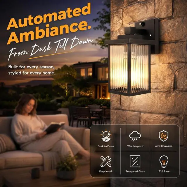 Alt view image 2 of 7 - Black Dusk to Dawn Wall Mount Porch Lights, Classic Outdoor Lights | Ribbed Glass, Auto On and Off, Anti-Rust Metal Frame, Tempered Glass, E26 Socket, Easy DIY Install on Porch, Garage