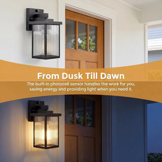 Alt view image 3 of 7 - Black Dusk to Dawn Wall Mount Porch Lights, Classic Outdoor Lights | Ribbed Glass, Auto On and Off, Anti-Rust Metal Frame, Tempered Glass, E26 Socket, Easy DIY Install on Porch, Garage