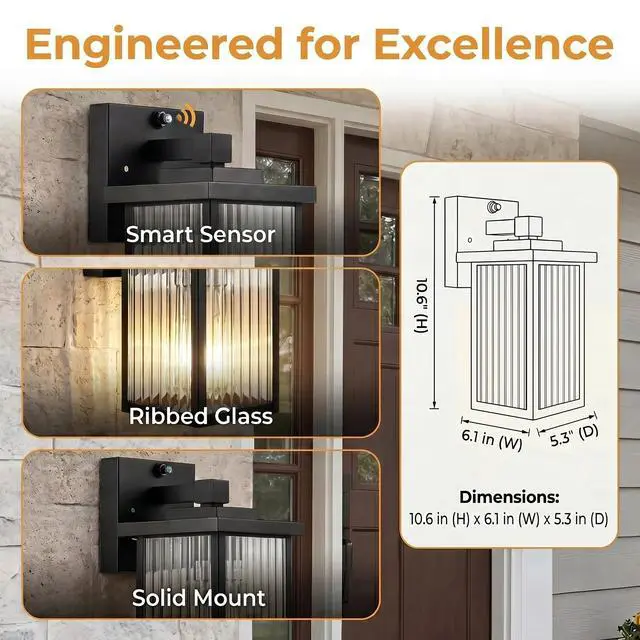 Alt view image 6 of 7 - Black Dusk to Dawn Wall Mount Porch Lights, Classic Outdoor Lights | Ribbed Glass, Auto On and Off, Anti-Rust Metal Frame, Tempered Glass, E26 Socket, Easy DIY Install on Porch, Garage