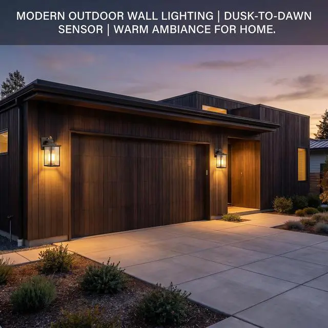 Alt view image 7 of 7 - Black Dusk to Dawn Wall Mount Porch Lights, Classic Outdoor Lights | Ribbed Glass, Auto On and Off, Anti-Rust Metal Frame, Tempered Glass, E26 Socket, Easy DIY Install on Porch, Garage