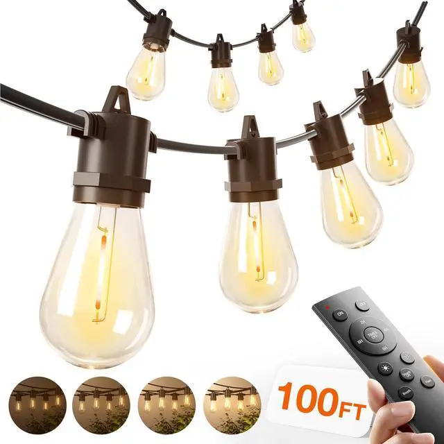 Main image of 100FT Outdoor String Lights LED with Remote Dimmable Waterproof | Timer & 3 Lighting Modes, Shatterproof Edison Bulbs, Connectable Hanging Strand for Patio Outside Backyard Porch Party Décor