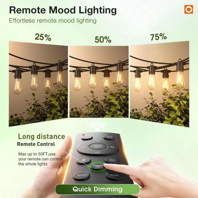 Alt view image 2 of 7 - 100FT Outdoor String Lights LED with Remote Dimmable Waterproof | Timer & 3 Lighting Modes, Shatterproof Edison Bulbs, Connectable Hanging Strand for Patio Outside Backyard Porch Party Décor