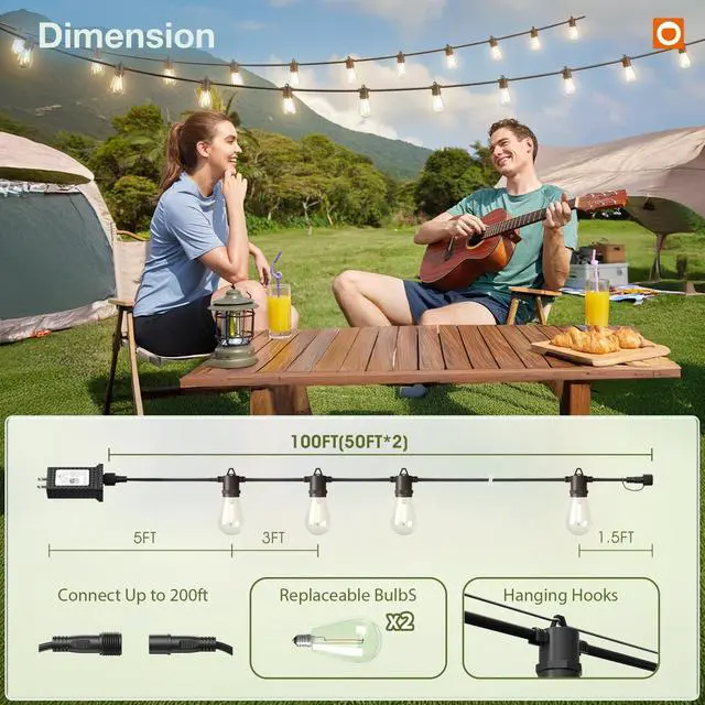 Alt view image 4 of 7 - 100FT Outdoor String Lights LED with Remote Dimmable Waterproof | Timer & 3 Lighting Modes, Shatterproof Edison Bulbs, Connectable Hanging Strand for Patio Outside Backyard Porch Party Décor